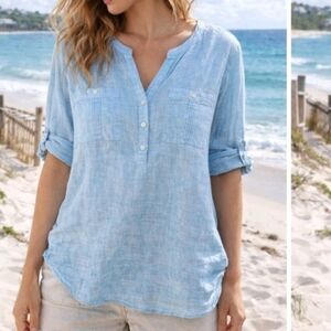 Talbots Pintuck Linen Popover Blue Top Roll-tab Sleeves Patch Pockets Coastal L